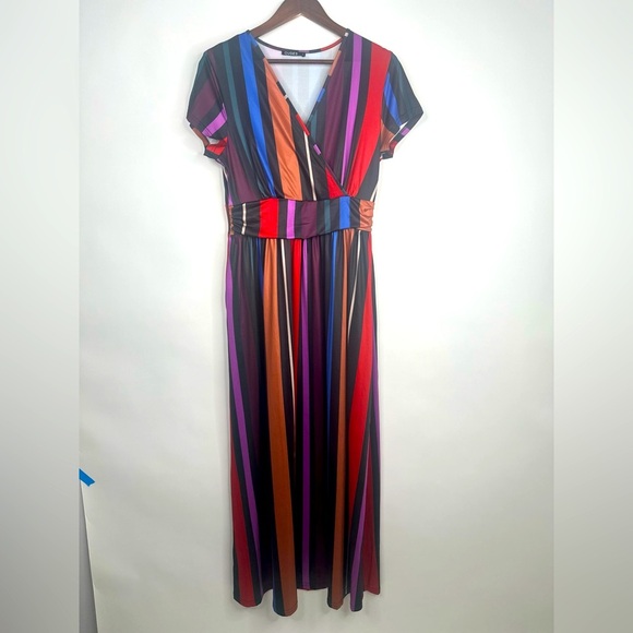 Striped Multicolor V-Neck Maxi‎ Dress Size Large - Picture 1 of 8